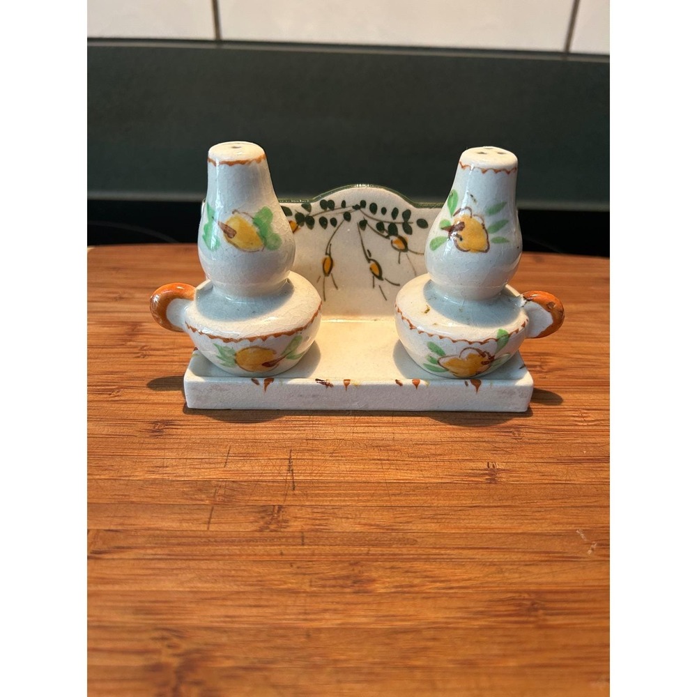 Vintage Ceramic Salt and Pepper Shakers with Wall Mount Shelf Fruit Hand Painted - Picture 2 of 14